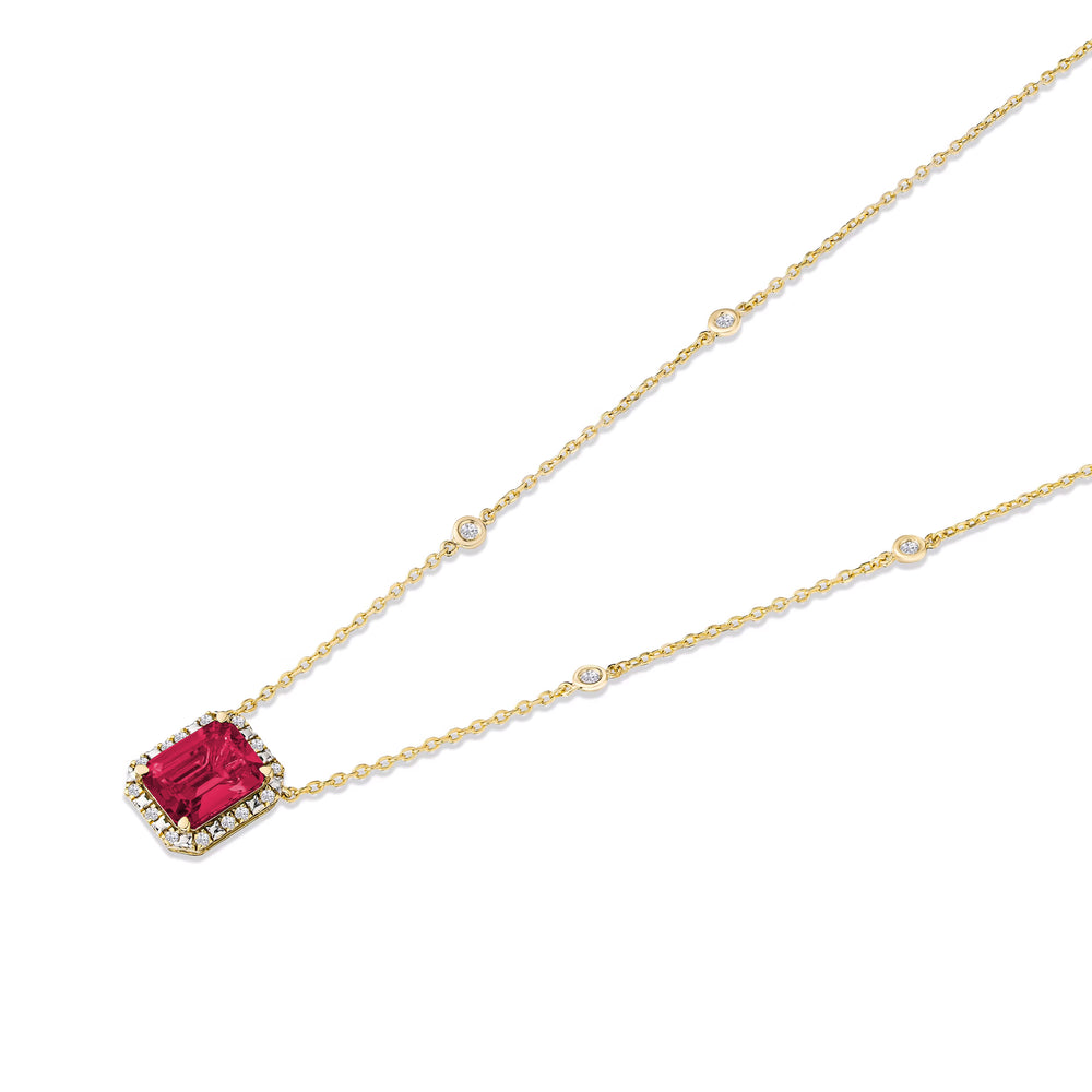 Astra 1.80ct Lab Ruby and Diamond Halo Octagon Cut Necklace in 18K Gold Vermeil