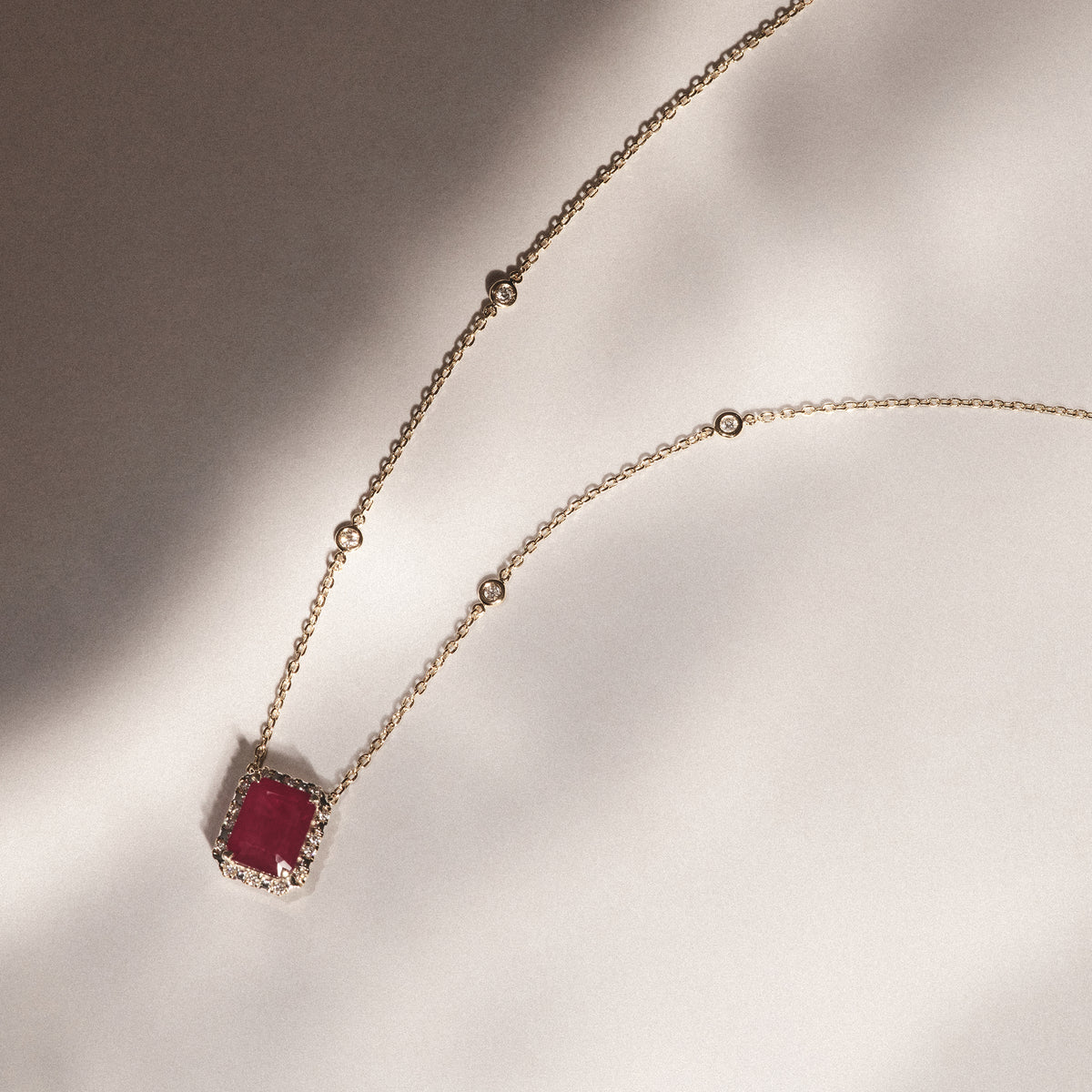 Astra 1.80ct Lab Ruby and Diamond Halo Octagon Cut Necklace in 18K Gold Vermeil