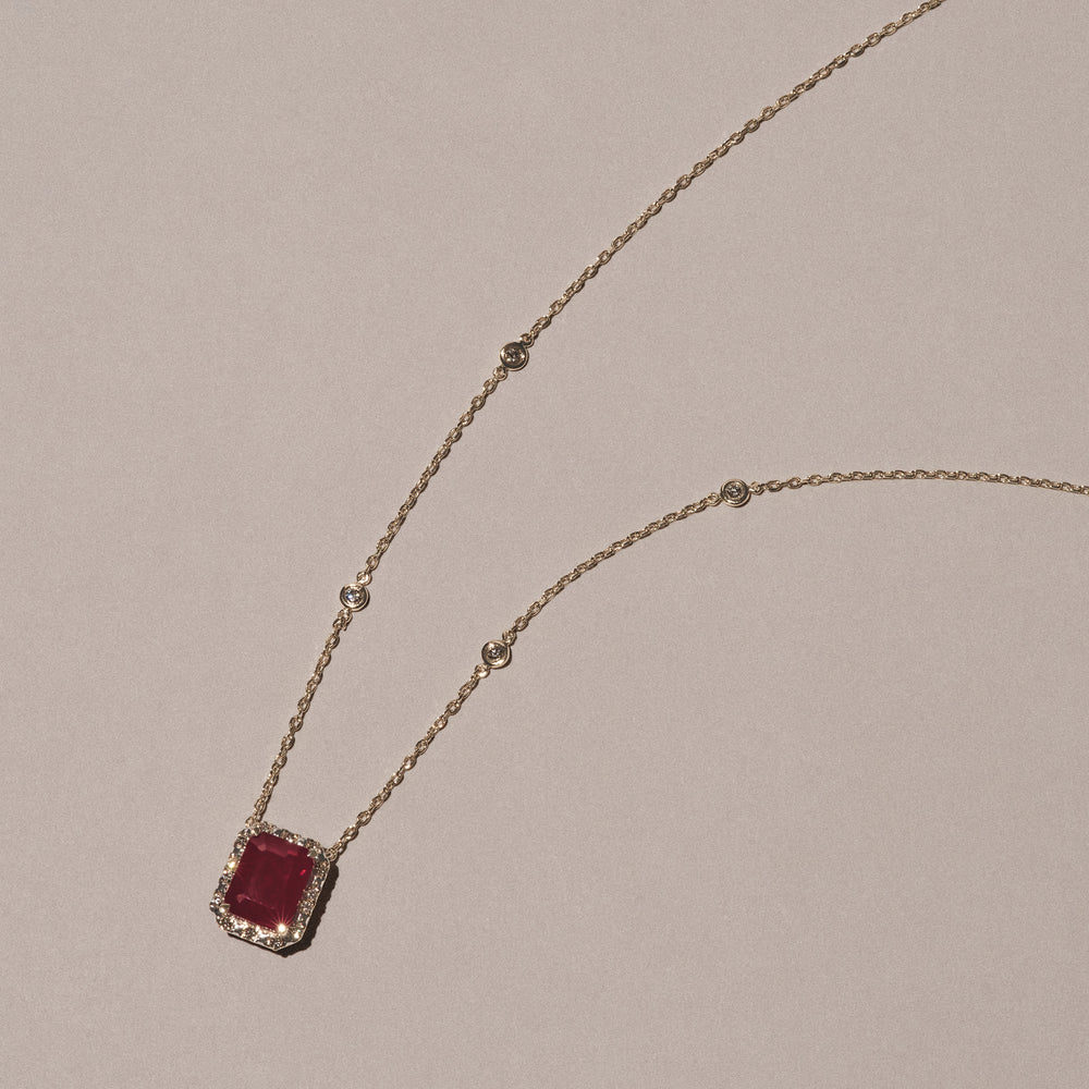 Astra 1.80ct Lab Ruby and Diamond Halo Octagon Cut Necklace in 18K Gold Vermeil