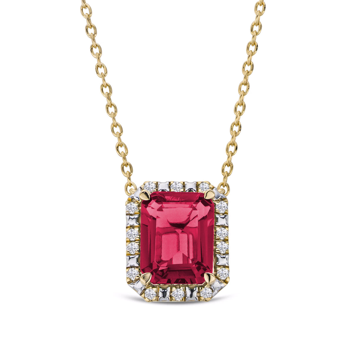 Astra 1.80ct Lab Ruby and Diamond Halo Octagon Cut Necklace in 18K Gol ...