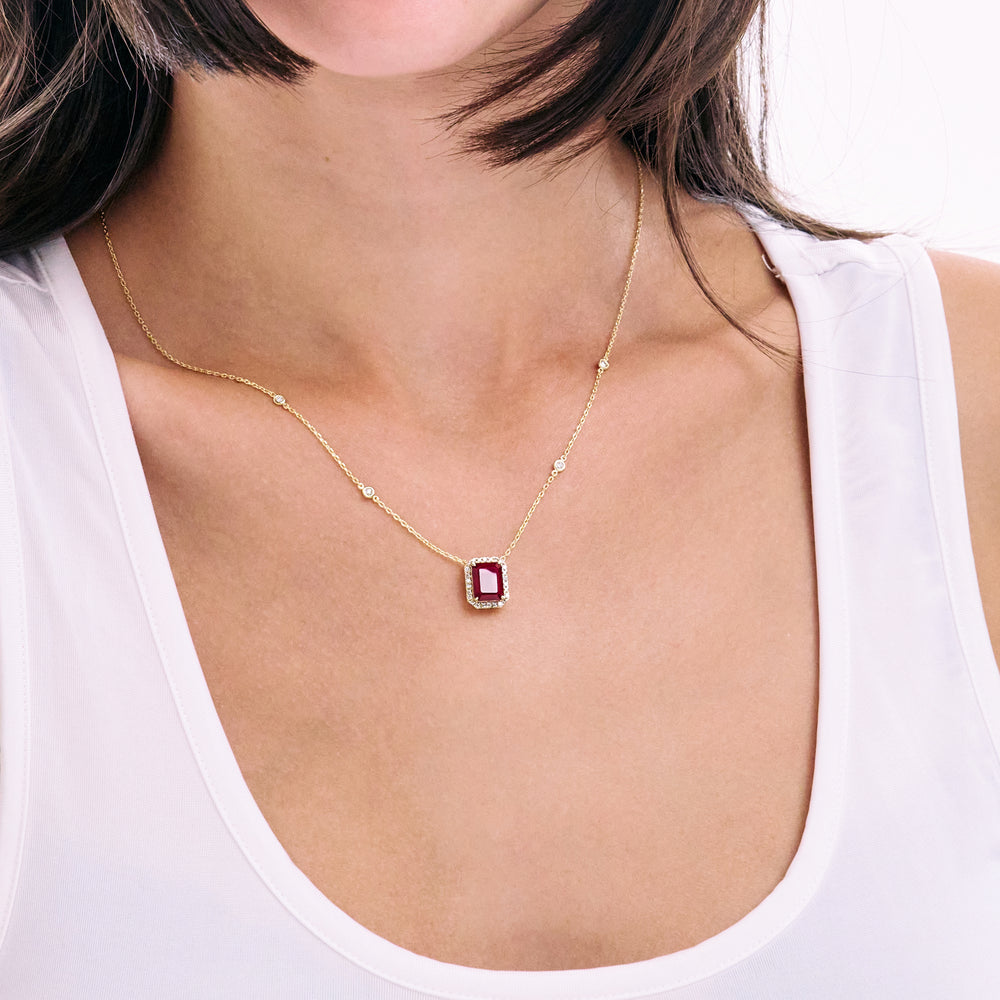 Astra 1.80ct Lab Ruby and Diamond Halo Octagon Cut Necklace in 18K Gold Vermeil