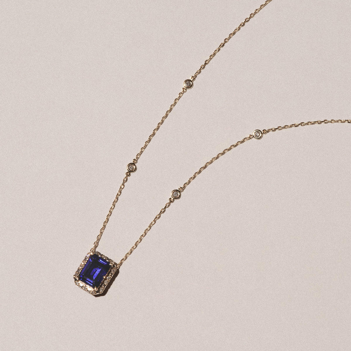 Astra 2.00ct Lab Sapphire and Diamond Halo Octagon Cut Necklace in 18K Gold Vermeil