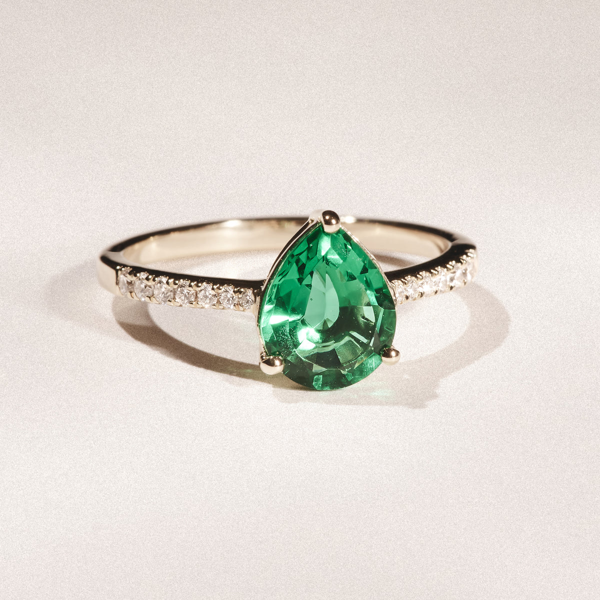 Astra 2.30ct Lab Emerald and Diamond Shoulder Set Pear Cut Ring in 18K Gold Vermeil