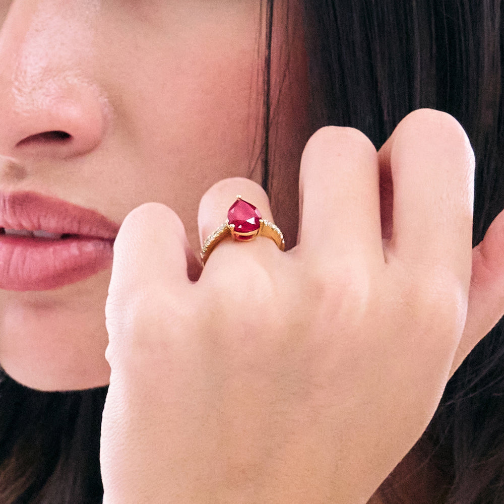 Astra 3.50ct Lab Ruby and Diamond Shoulder Set Pear Cut Ring in 18K Gold Vermeil