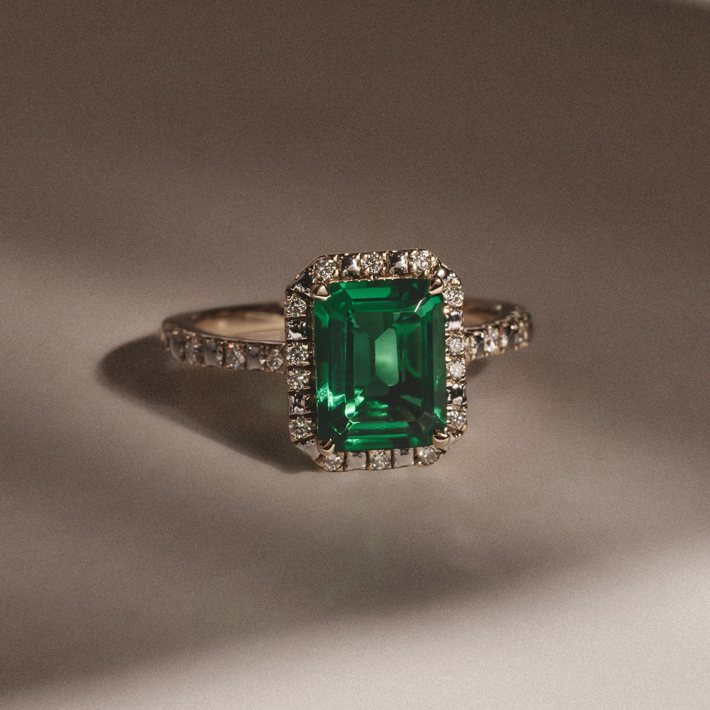 Astra 1.50ct Lab Emerald and Diamond Halo Shoulder Set Octagon Cut Ring in 18K Gold Vermeil