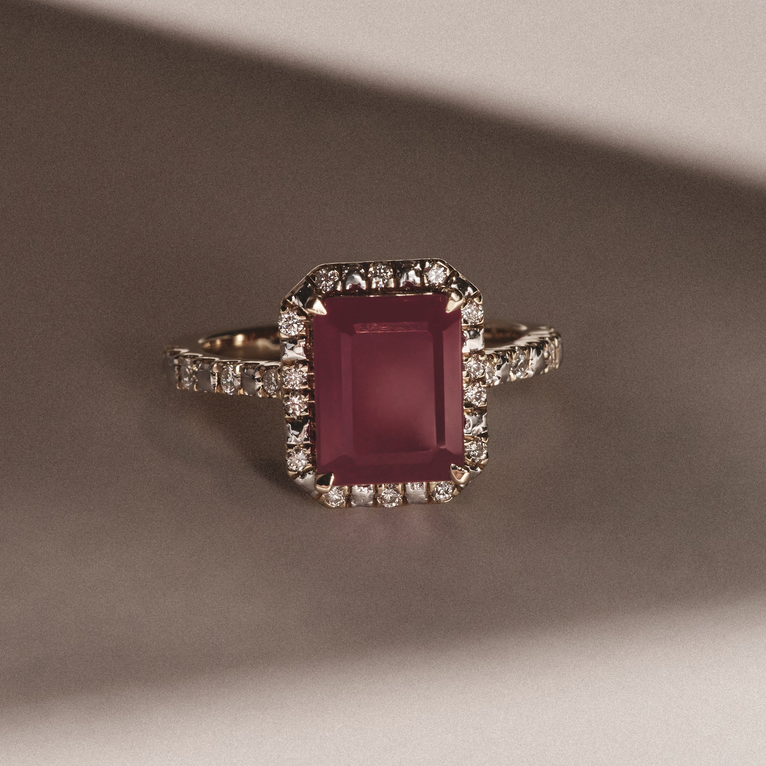 Astra Ruby Astra 1.90ct Lab Ruby and Diamond Halo Shoulder Set Octagon Cut Ring in ...