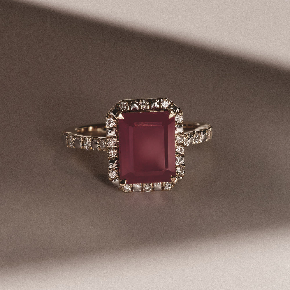 Astra 1.90ct Lab Ruby and Diamond Halo Shoulder Set Octagon Cut Ring in 18K Gold Vermeil