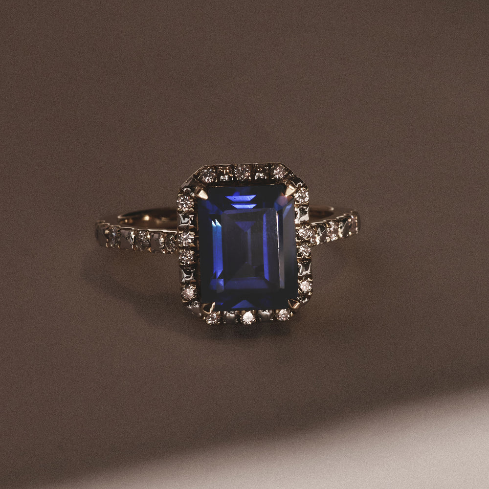 Astra 1.90ct Lab Sapphire Halo Shoulder Set Octagon Cut Ring in 18K Gold Vermeil