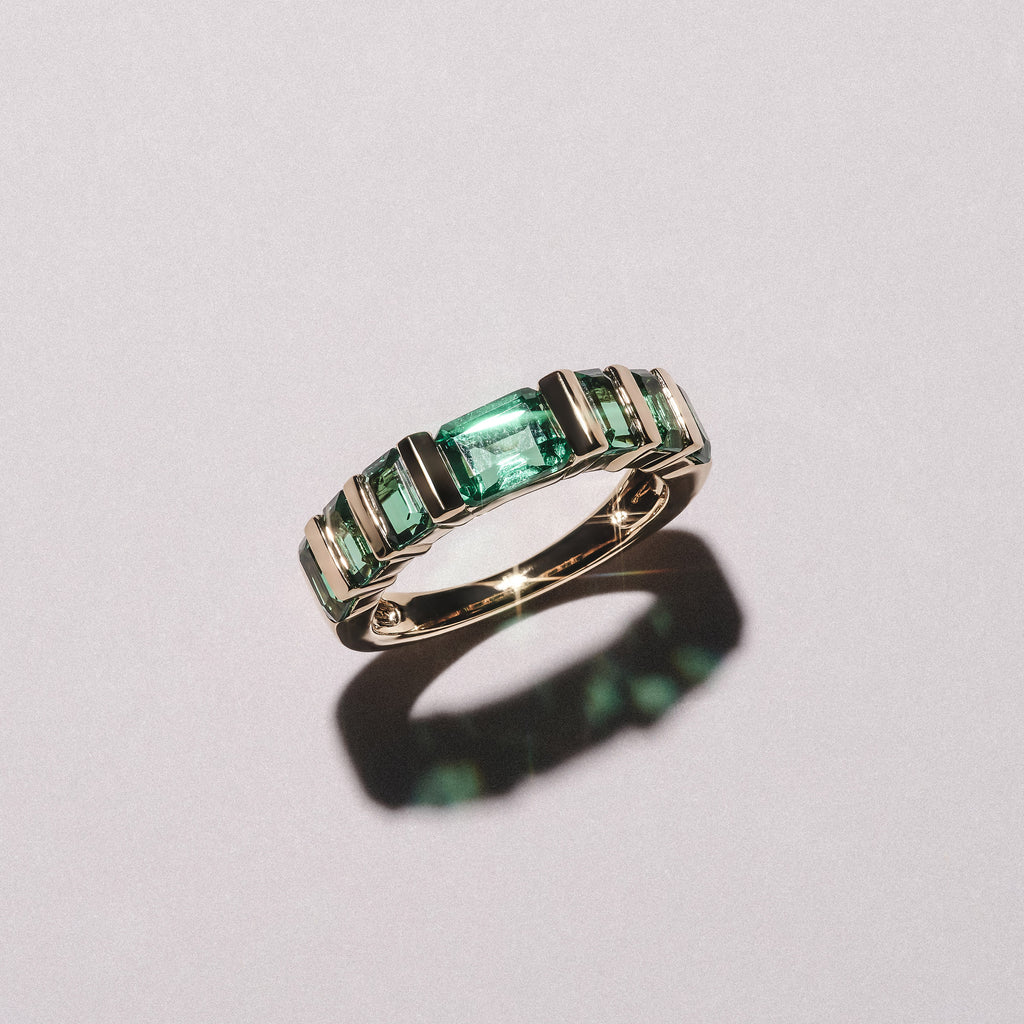 Vertex 2.33ct Emerald Cut Lab Emerald Men's Eternity Ring in 18K Yellow Gold Vermeil
