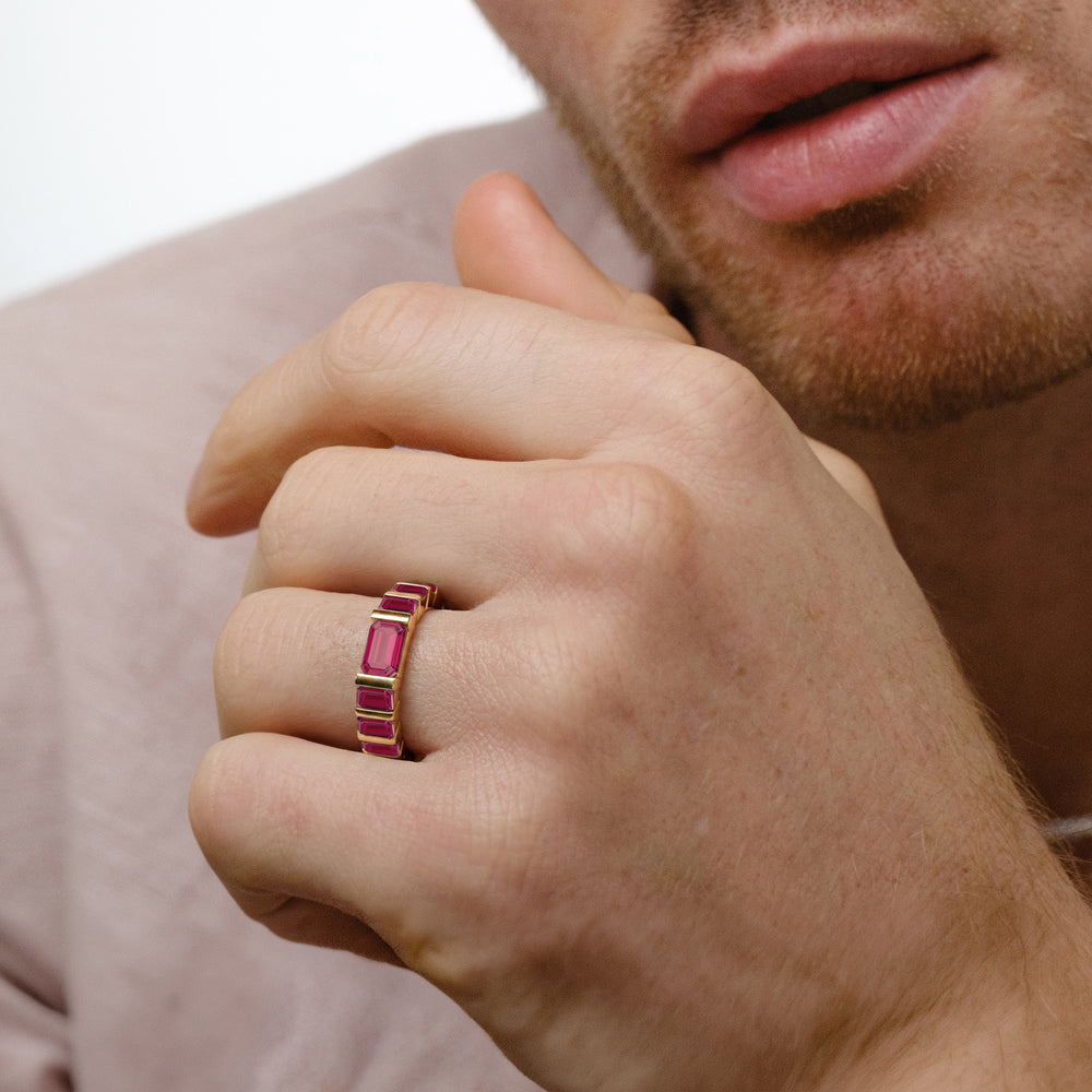 Vertex 3.25ct Emerald Cut Lab Ruby Men's Eternity Ring in 18K Yellow Gold Vermeil