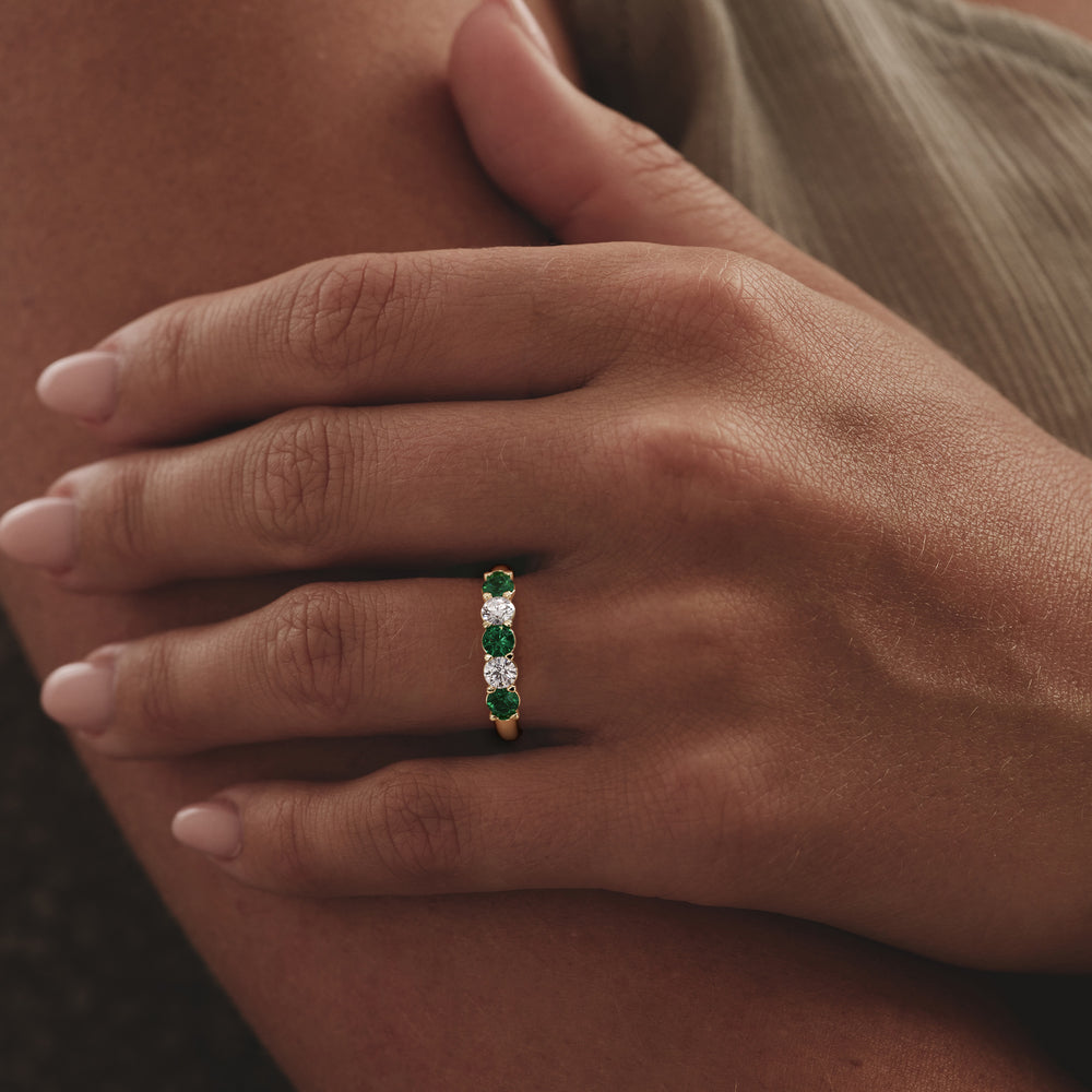 Solene 0.75ct Round Cut Lab Emerald and Lab Diamond Half Eternity Ring in 18K Yellow Gold
