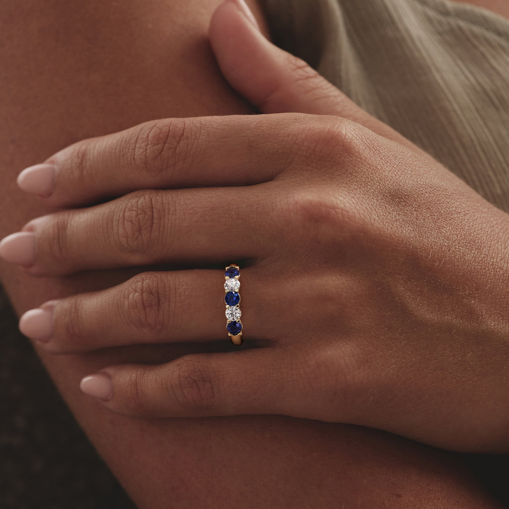 Solene 0.75ct Round Cut Lab Sapphire and Lab Diamond Half Eternity Ring in 18K Yellow Gold
