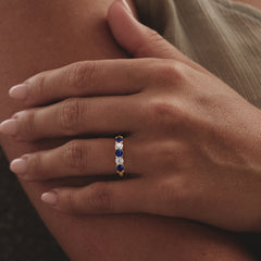 Solene 0.75ct Round Cut Lab Sapphire and Lab Diamond Half Eternity Ring in 18K Yellow Gold