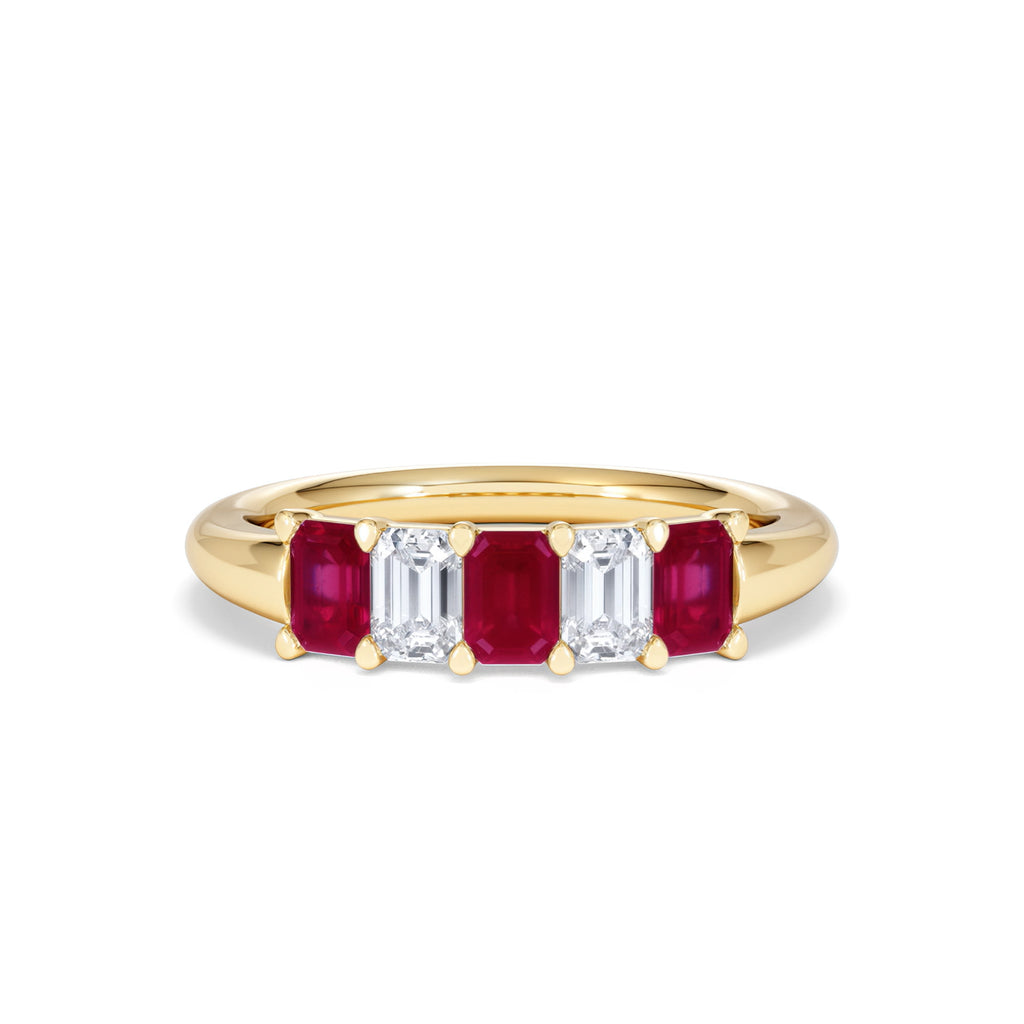 Solene 0.75ct Emerald Cut Lab Ruby and Lab Diamond Half Eternity Ring in 18K Yellow Gold