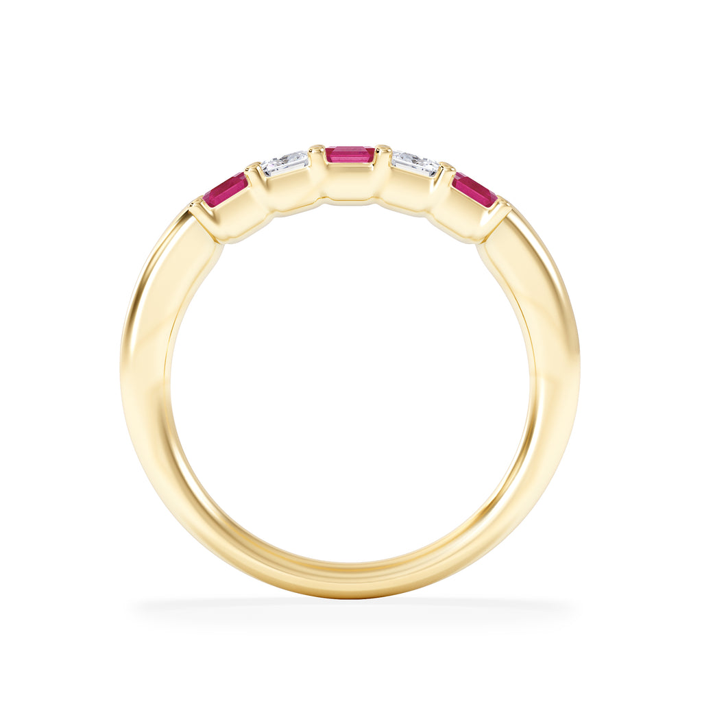 Solene 0.75ct Emerald Cut Lab Ruby and Lab Diamond Half Eternity Ring in 18K Yellow Gold