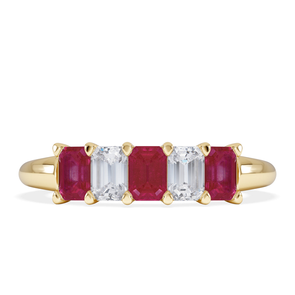 Solene 0.75ct Emerald Cut Lab Ruby and Lab Diamond Half Eternity Ring in 18K Yellow Gold