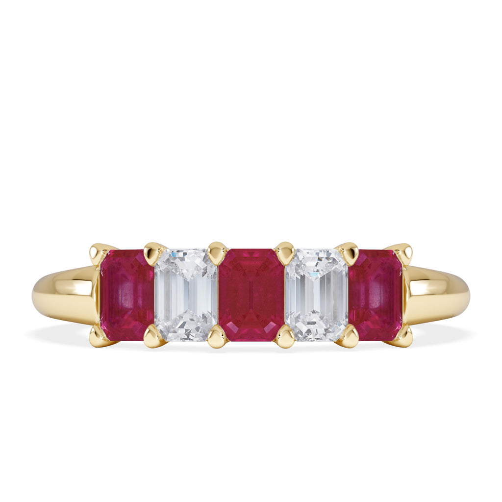 Solene 0.75ct Emerald Cut Lab Ruby and Lab Diamond Half Eternity Ring in 18K Yellow Gold
