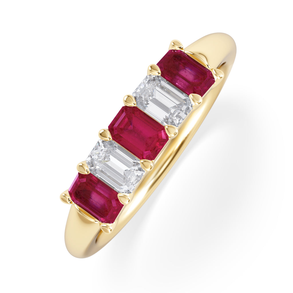 Solene 0.75ct Emerald Cut Lab Ruby and Lab Diamond Half Eternity Ring in 18K Yellow Gold