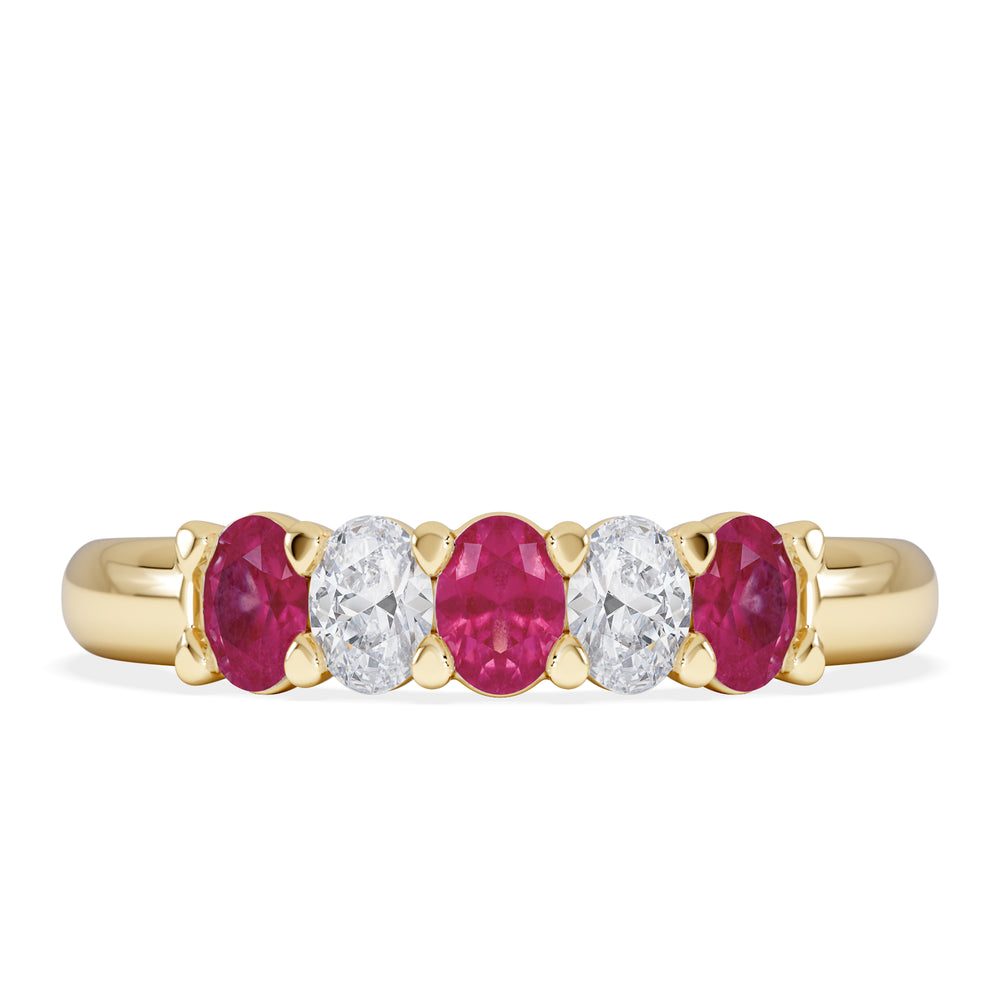 Solene 0.75ct Oval Cut Lab Ruby and Lab Diamond Half Band Eternity Ring in 18K Yellow Gold