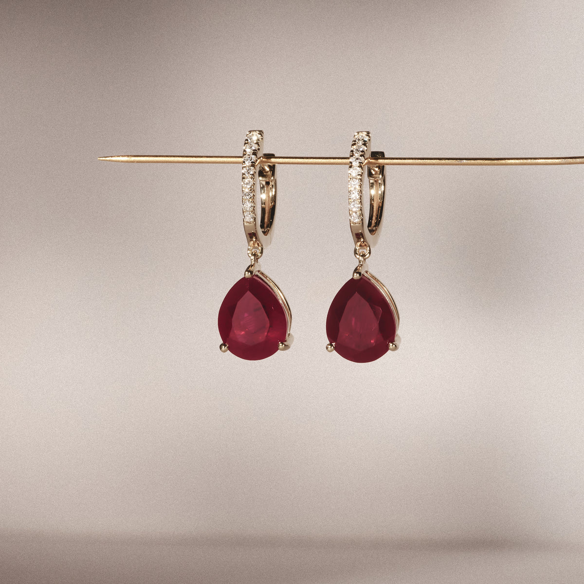 Astra Ruby Astra 6.80ct Lab Ruby and Diamond Drop Pear Cut Earrings in 18K Gold V ...