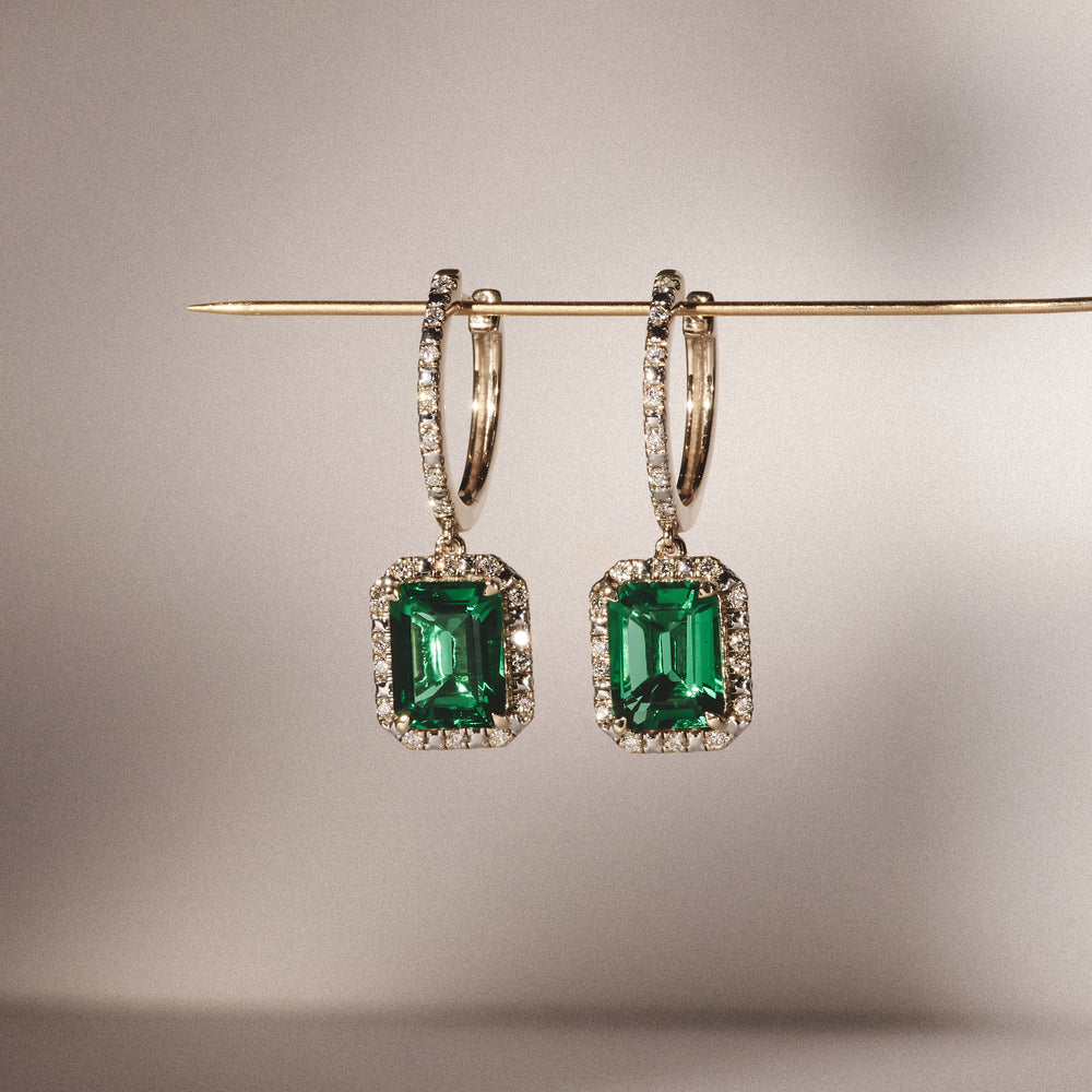 Astra 3.00ct Lab Emerald and Diamond Drop Halo Octagon Cut Earrings in 18K Gold Vermeil