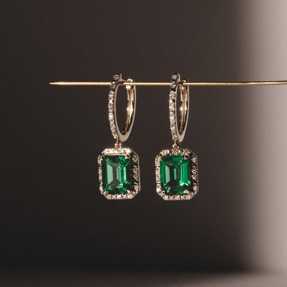 Astra 3.00ct Lab Emerald and Diamond Drop Halo Octagon Cut Earrings in 18K Gold Vermeil