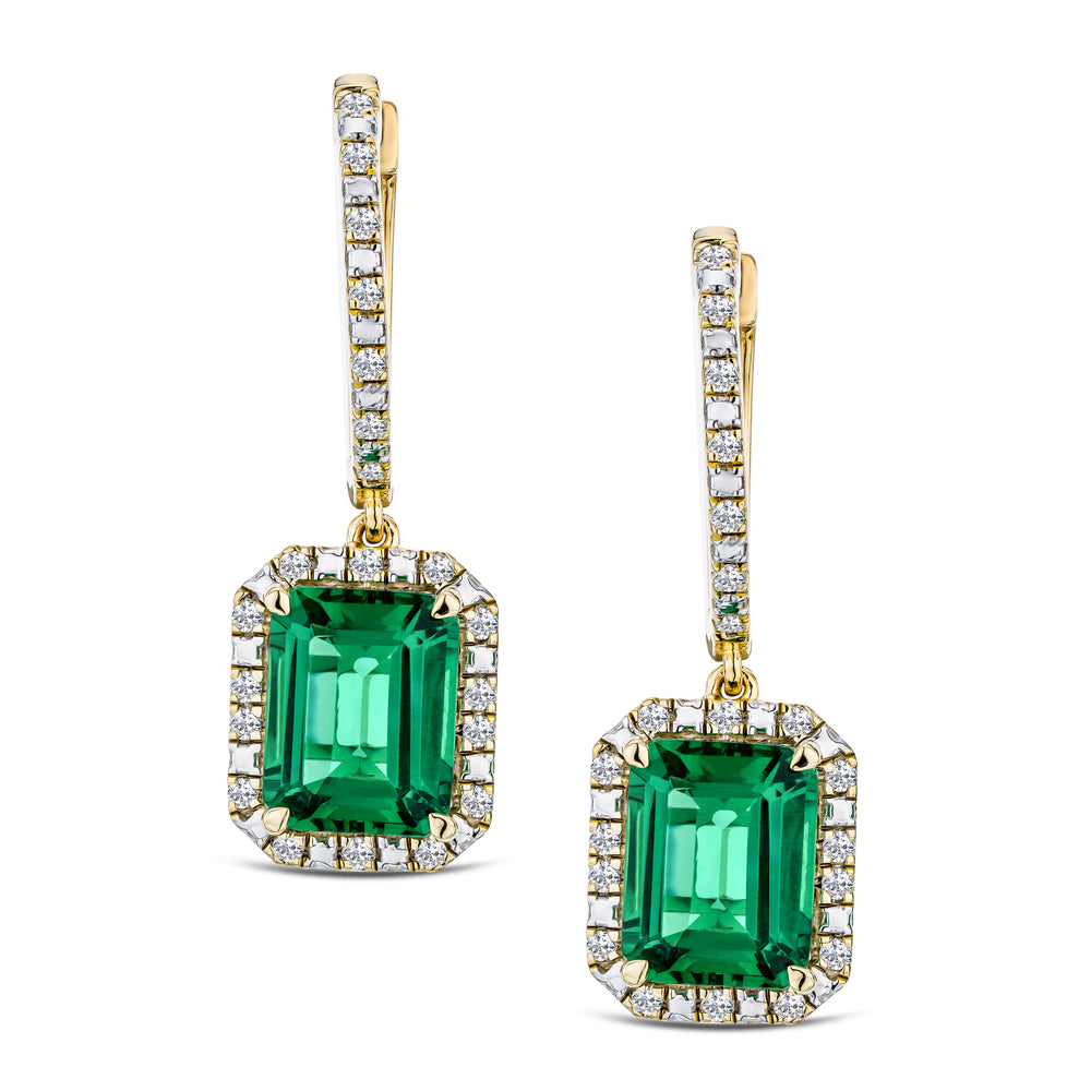 Astra 3.00ct Lab Emerald and Diamond Drop Halo Octagon Cut Earrings in 18K Gold Vermeil