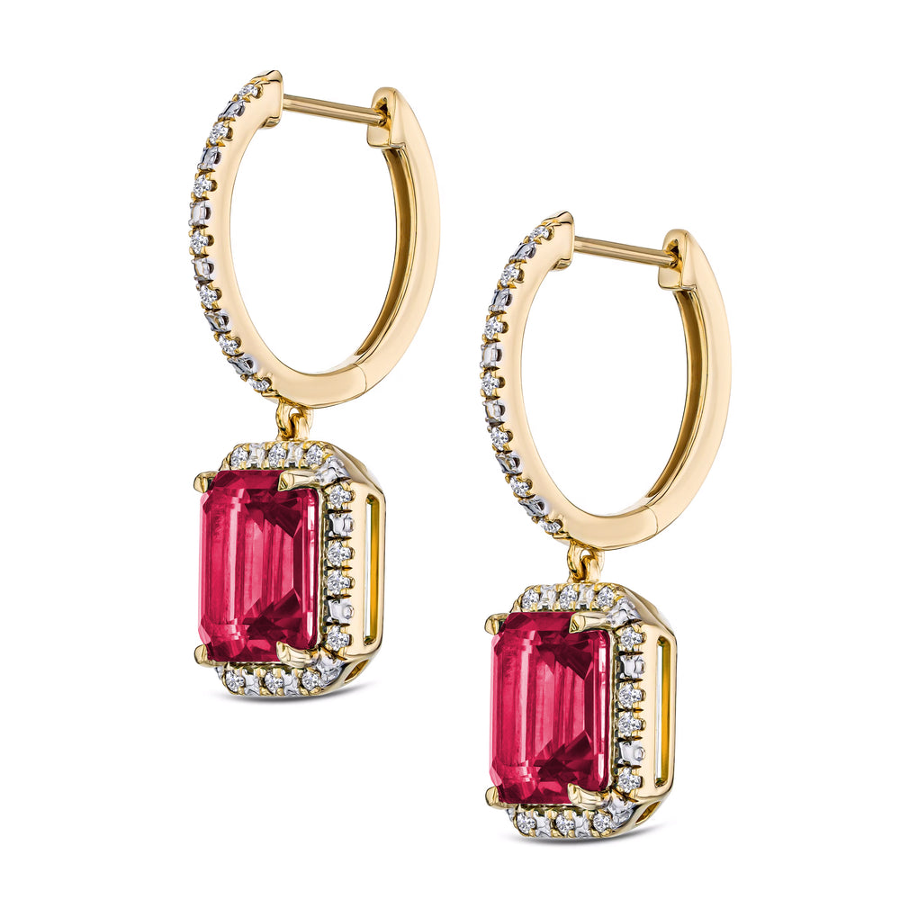Astra 3.50ct Lab Ruby and Diamond Drop Halo Octagon Cut Earrings in 18K Gold Vermeil