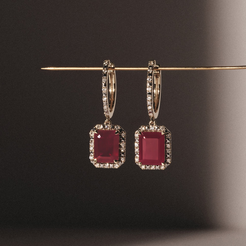 Astra 3.50ct Lab Ruby and Diamond Drop Halo Octagon Cut Earrings in 18K Gold Vermeil