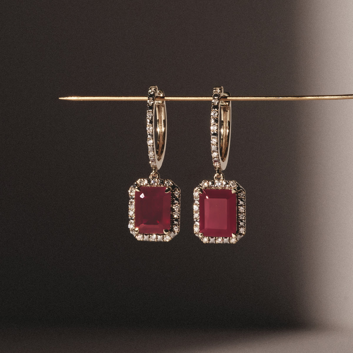 Astra 3.50ct Lab Ruby and Diamond Drop Halo Octagon Cut Earrings in 18K Gold Vermeil