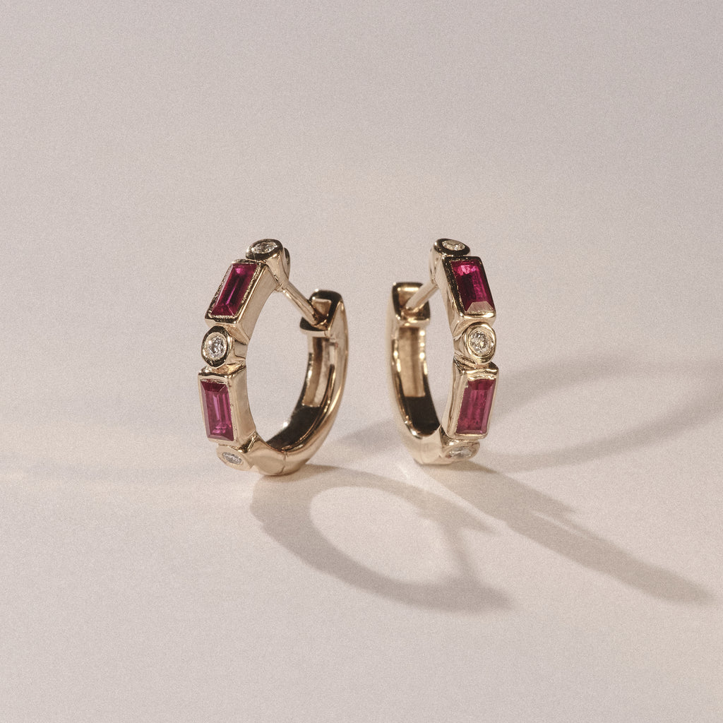 Forme 0.52ct Baguette Cut Lab Ruby Huggie Earrings in 18K Gold Vermeil