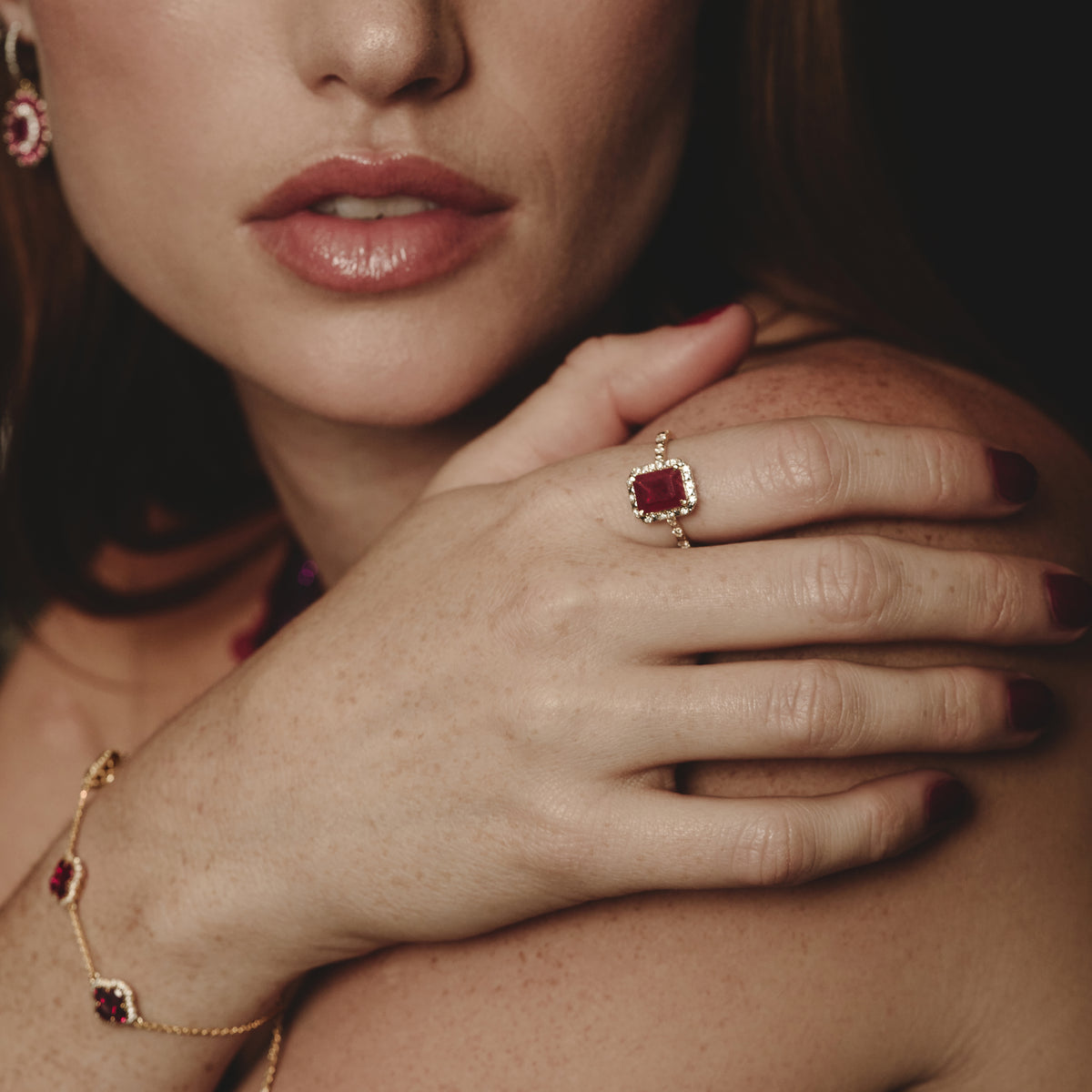 Astra 1.90ct Lab Ruby and Diamond Halo Shoulder Set Octagon Cut Ring in 18K Gold Vermeil