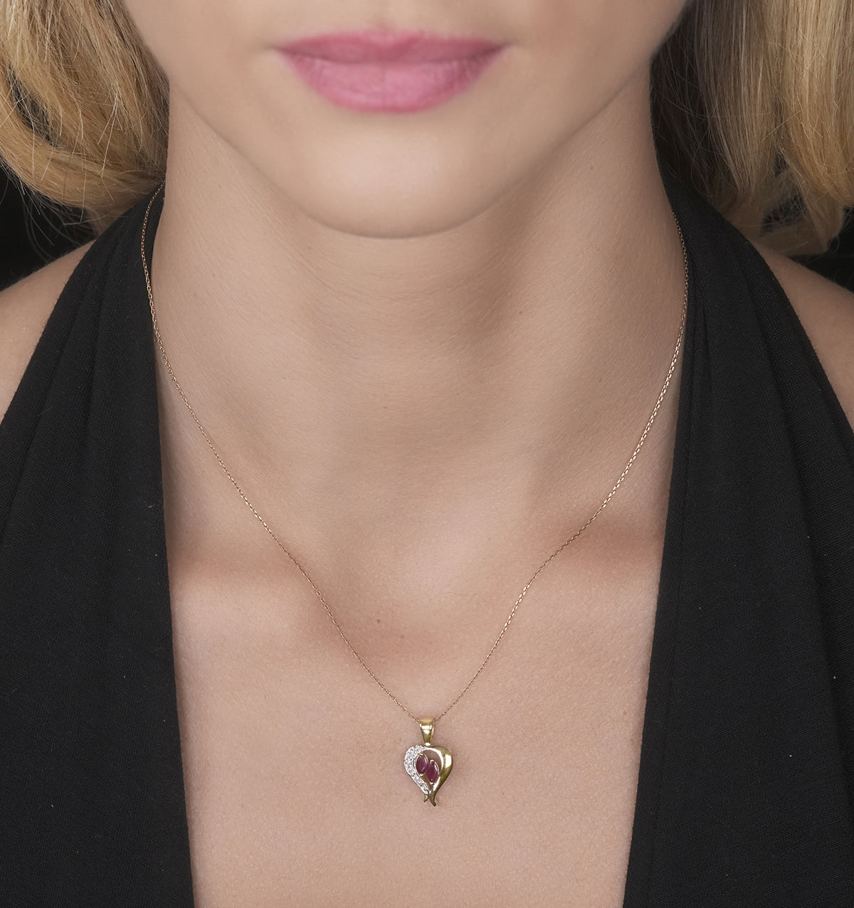 Ruby 5 x 3mm And Diamond 9K Yellow Gold Pendant Necklace
