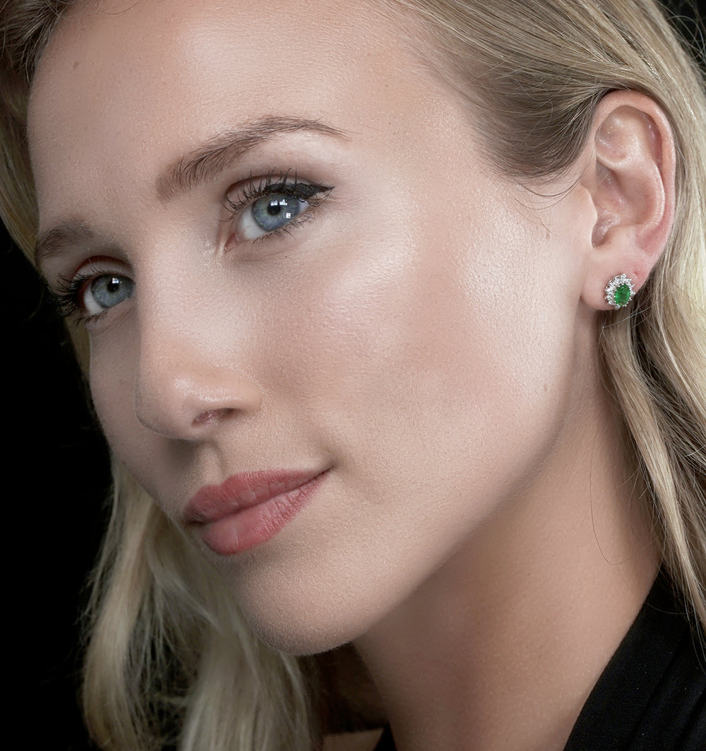 Emerald 6 x 4mm And Diamond Cluster 9K White Gold Earrings