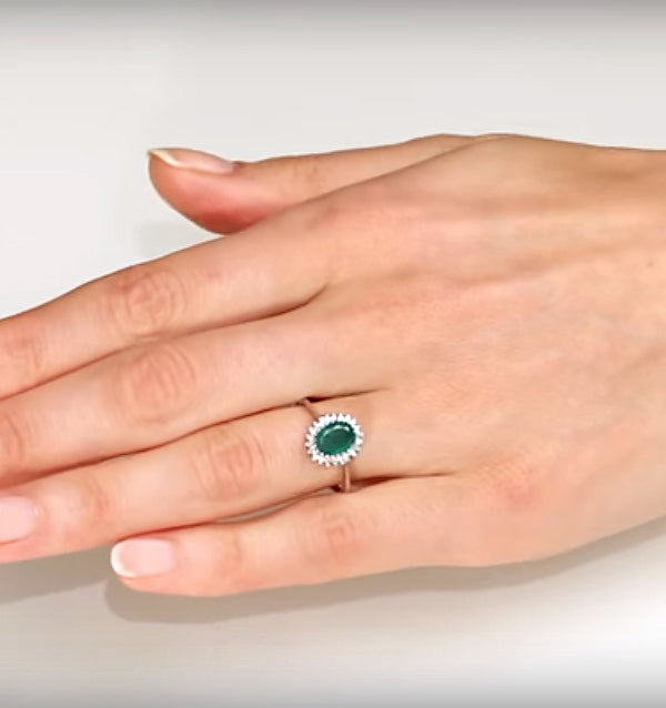 Emerald 8 x 6mm And Diamond 9K White Gold Ring