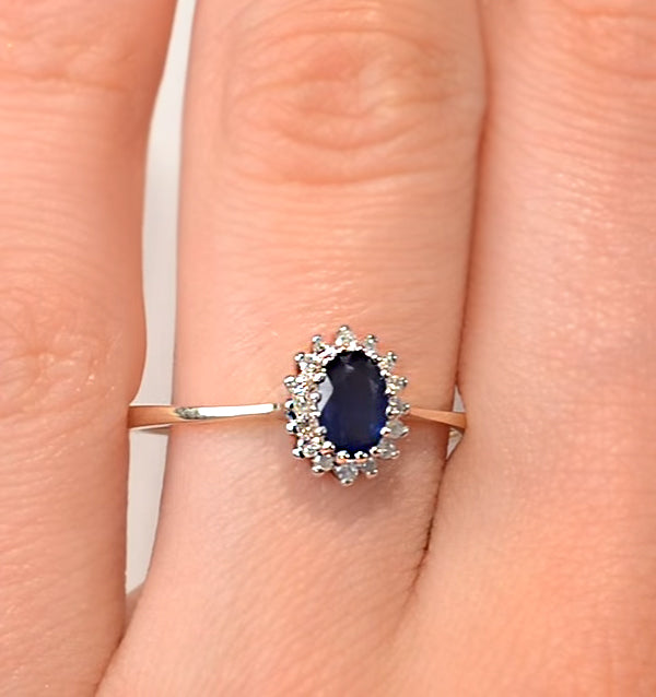 Sapphire 6 x 4mm And Diamond 9K Gold Ring