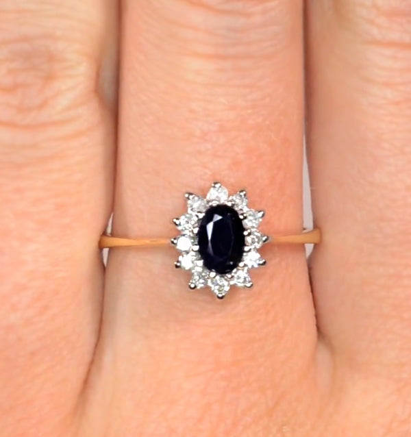 Sapphire 6 x 4mm And Diamond 9K Gold Ring.