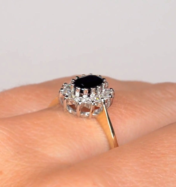 Sapphire 6 x 4mm And Diamond 9K Gold Ring.