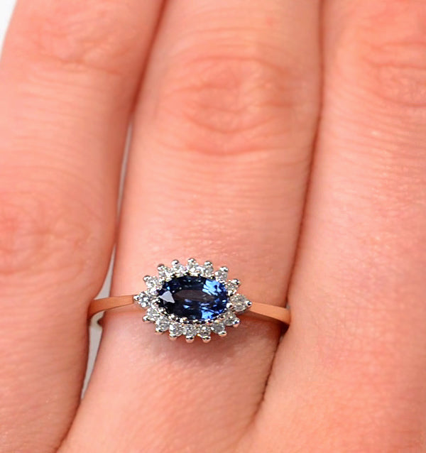 Sapphire 6 x 4mm And Diamond Ring 9K Yellow Gold