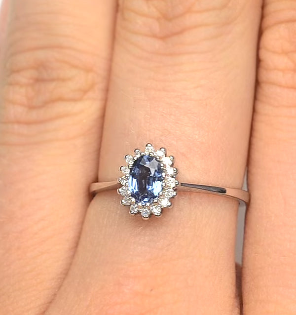 Sapphire 6 x 4mm And Diamond 9K White Gold Ring A3906