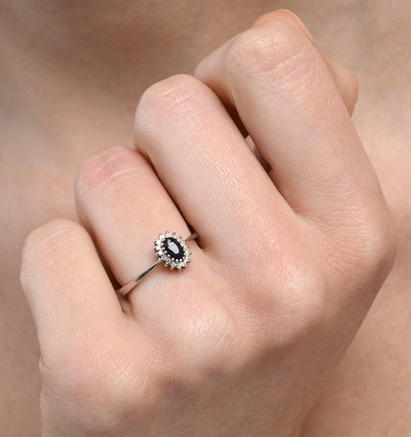 Sapphire 5 x 3mm And Diamond 9K White Gold Ring A4432