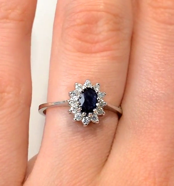 Sapphire 6 x 4mm And Diamond 9K White Gold Ring A4437