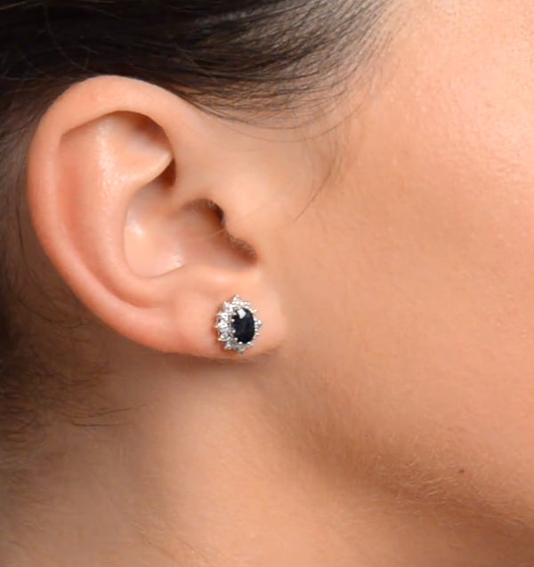 Sapphire 6mm x 4mm And Diamond Cluster 9K Yellow Gold Earrings