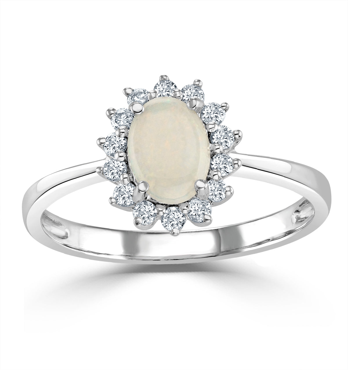 Opal 7 x 5mm And Diamond 9K White Gold Ring