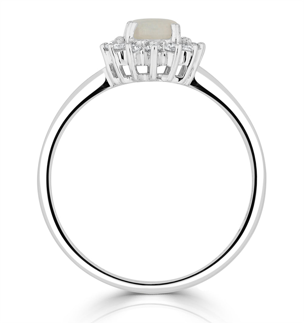 Opal 7 x 5mm And Diamond 9K White Gold Ring