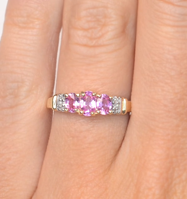 Pink Sapphire and 0.02ct Diamond Ring 9K Yellow Gold