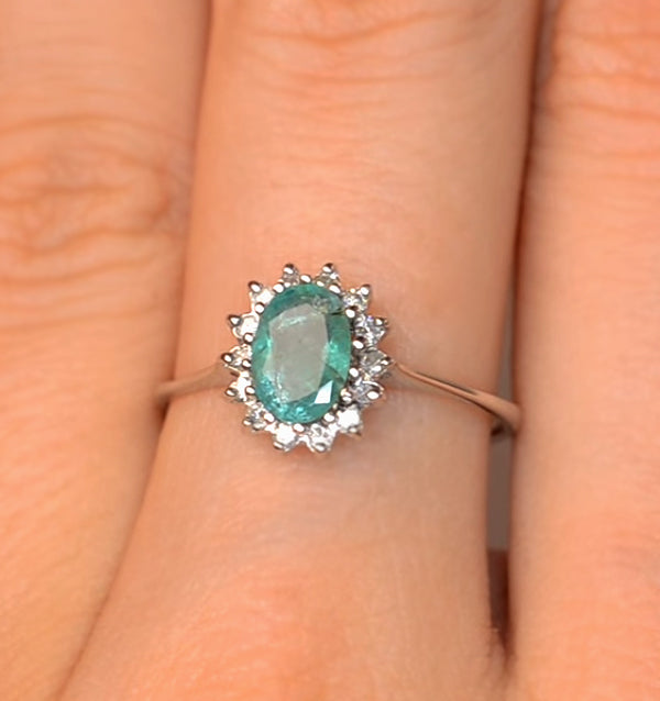 Emerald 0.83ct And Diamond 9K White Gold Ring