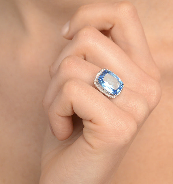 Blue Topaz 6.83CT And Diamond 9K White Gold Ring