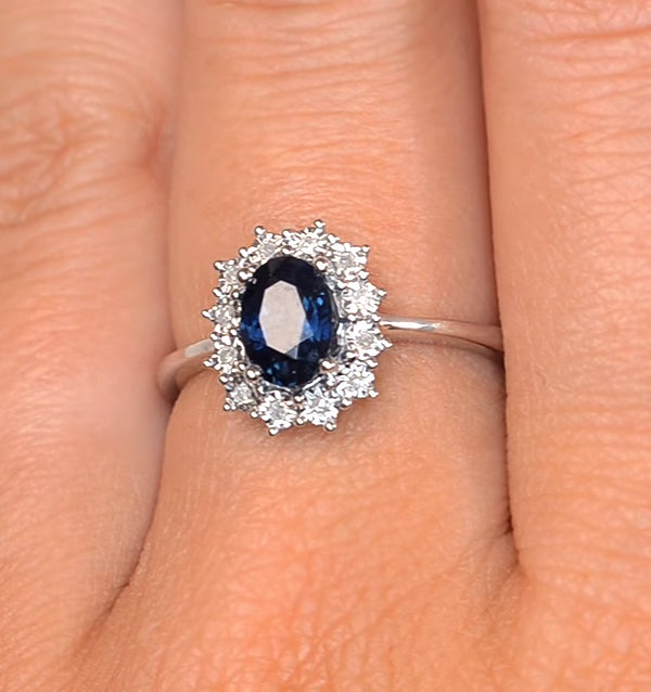 Sapphire Ring With Diamond Halo 7 x 5mm Set in 9K White Gold