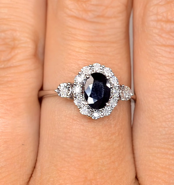 Sapphire 7 x 5mm and Diamond 9K White Gold Ring